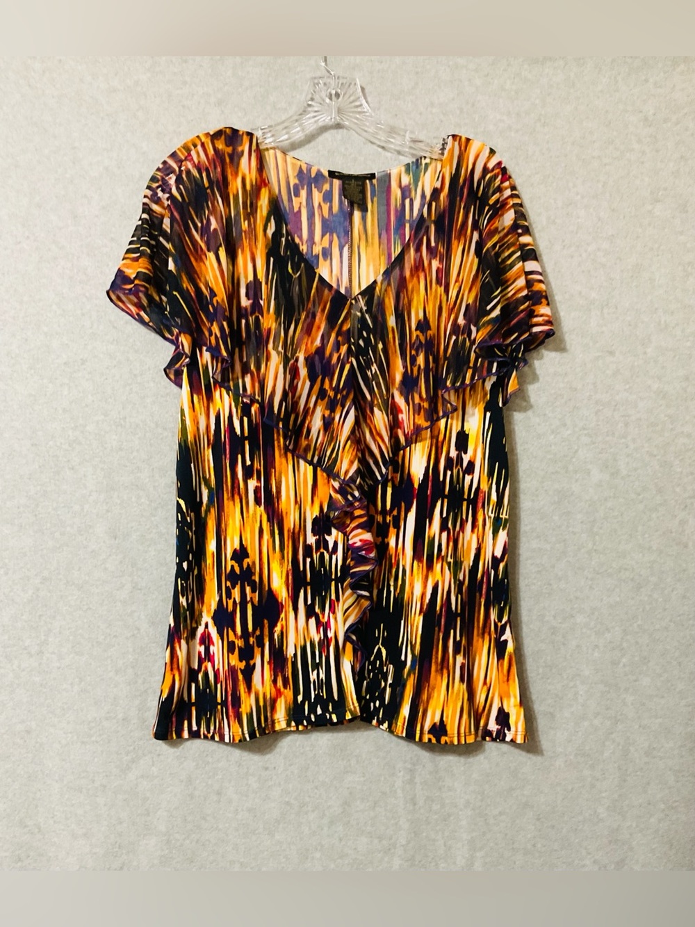 Susan Lawrence Black Multi Ruffle-Front V-Neck Blouse Sz L